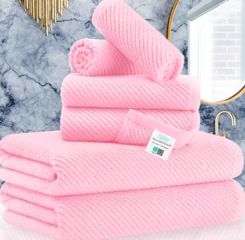 Pink Towels - 100% Cotton, Soft, Quick Dry, Lightweight, Towel Set of 6, 2 Large Bath 30" x 56", 2 Hand 18" x 28", 2 Washcloths 13" x 13", Pink Towels Bathroom Sets, Luxury Towel Gift Set - Image 1