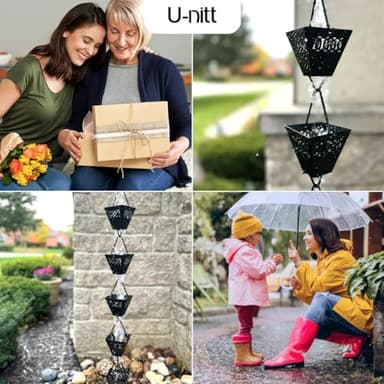 U-nitt Rain Chain Water Collection for Gutters, Rainwater Catcher & Diverter, 8.5 FT Chains for Outside Garden, Black Square Cups, Roof Downspout, Works with Heavy Rain, w/Gutter Clip for Rainchains - Image 9