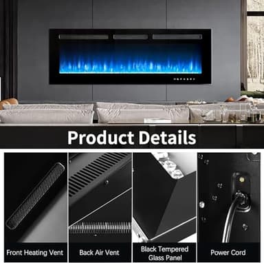 oneinmil Electric Fireplace, 50 inch Wide Recessed/Wall Mounted Electric Fireplace, Remote Control with Timer 12 Adjustable Color Flame, Remote Control,with Crystal Stone, 750/1500W - Image 7