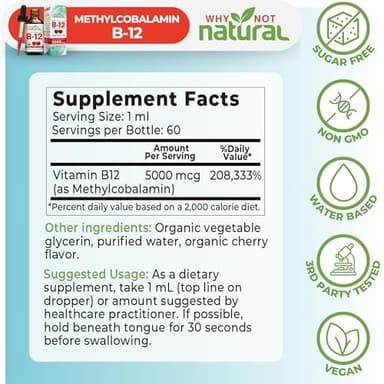 Why Not Natural Organic Vitamin B12 Liquid - Sublingual Extra Strength 60 x 5000 mcg Methylcobalamin Drops, Vegan, Maximize Absorption and Energy - Image 5