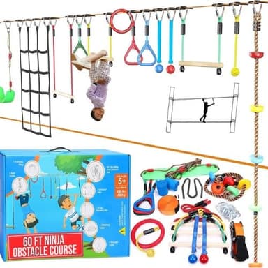 Hyponix Ninja Obstacle Course for Kids – 2 x 60 ft Slacklines with 13 Weatherproof Obstacles – Monkey Net, Ratchet-Tight Tech, Supports 880 lbs – Climbing & Swinging Backyard Fun - Image 1
