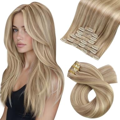 Moresoo Clip in Hair Extensions Remy Double Weft Human Hair Clip in Extensions Straight Hair Extensions for Women Dark Ash Blonde Highlight with Golden Blonde 20inch 7pcs 120g - Image 1