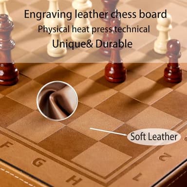 Rinten Chess Set Board for Kids & Adults, 12" Travel Magnetic Chess & Checkers Folding Board 2 in 1 Sets, Portable Folding Leather Chess Boards with 3 Velvet Bag Packaging Pieces - Image 3