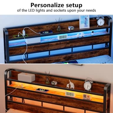 Furnulem Headboard for Queen Size Bed with Storage, LED Light Head Boards with Outlets & USB Ports, Height Adjustable Headboards for Dorm Bedroom, Sturdy Stable Cabeceras de Cama Rustic Brown - Image 7
