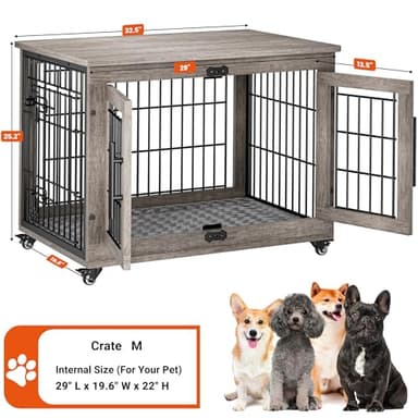 Lulive Dog Crate Furniture for Medium Dogs, 32'' Dog Kennel Indoor with Cushion & Wheels Wooden Dog Cage Double Doors Dog Crate End Table, Grey - Image 4