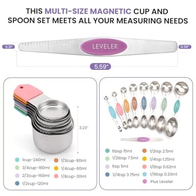 Magnetic Measuring Cups and Spoons Set-Heavy Duty 304 Stainless Steel，Double Measurement Markings，Set of 16 with Leveler for Measure Dry and Liquid Ingredients - Image 6