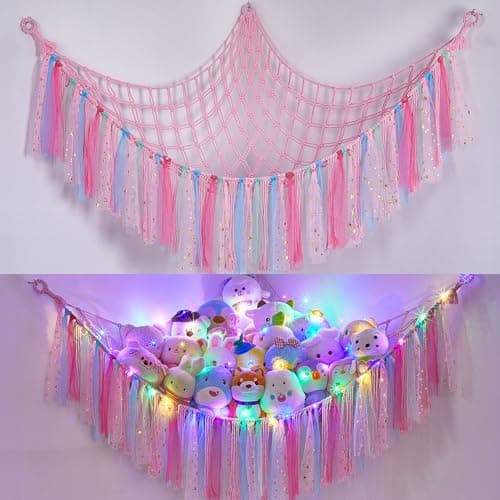 FIOBEE Stuffed Animals Net or Hammock with LED Light, Toy Hammock Hanging Stuffed Animals Storage Organizer Holder Room Décor for Nursery Kids Bedroom