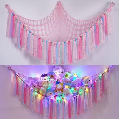 FIOBEE Stuffed Animals Net or Hammock with LED Light, Toy Hammock Hanging Stuffed Animals Storage Organizer Holder Room Décor for Nursery Kids Bedroom