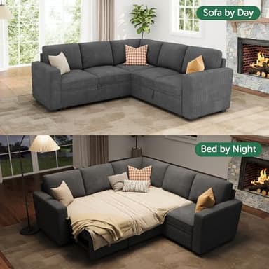 HONBAY Modular Sectional Sleeper Sofa with Pull Out Bed, Corduroy L Shaped Couch with Storage Seats, Convertible Sectional Couches for Living Room, Dark Grey - Image 5