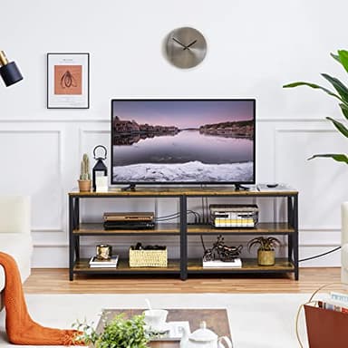 Yaheetech TV Stand with Power Outlet, Entertainment Center for 65 70 Inch TV, 3 Tiers Vintage TV Console Table for Living Room, Media Console with Shelves, Rustic Brown - Image 2