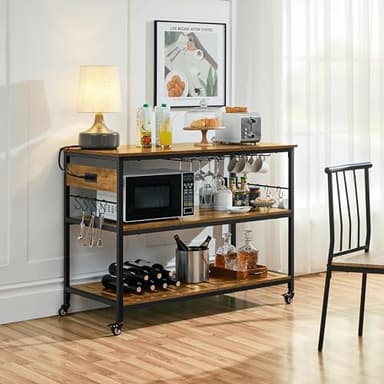 Yaheetech Kitchen Island with Power Outlet, Rolling Kitchen Cart with Wine Rack & Glass Holder & Hooks, Coffee Bar Microwave Stand Wine Rack Table for Dining Room, 47.5" W x 24" D, Rustic Brown - Image 2