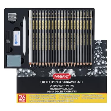 PANDAFLY 26-Piece Professional Sketch Pencil Set - Includes 4H to 14B Graphite Pencils, Charcoal Pencils, Charcoal Sticks, Vinyl Eraser, Kneaded Eraser, Sharpener, Blending Stump - Image 1