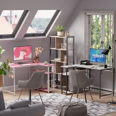 Pamray 43 Inch L Shaped Computer Desk with Reversible Side Storage Shelves, Small Corner Desk for Small Space Home Office,Writing Study Table PC Desk for Bedroom,Pink with White Leg - Image 6