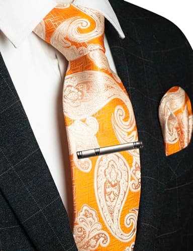 RBOCOTT Mens Orange White Paisley Tie and Pocket Square With Tie Clip Set for Business Wedding(28) - Image 2