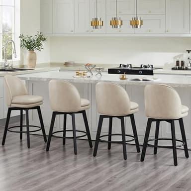 Counter Height Barstools 26 inch Upholstered Swivel Bar Stools with Back and Wood Legs for Kitchen Island,Set of 4,Beige PU Leather-Armless - Image 7