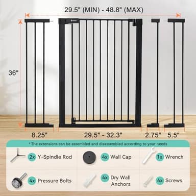 COMOMY 36" Extra Tall Baby Gate for Stairs and Doorways - Fits 29.5" to 48.8" Wide Openings, Auto Close Extra Wide Dog Gate for House, Pressure Mounted Easy Walk Through Pet With Door, Black - Image 6