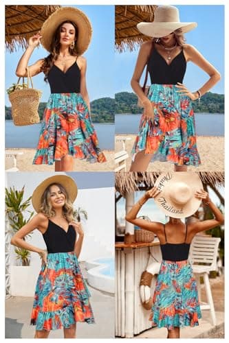ULTRANICE Womens 2025 Summer Dresses Sundress Casual Dress Spring Trendy Floral Flowy Wrap Beach Vacation Outfits Hawaiian Tropical Spaghetti Strap V Neck Dress(Black Blue Orange Floral,XL) - Image 2