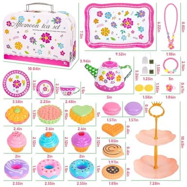 Hohosunlar Kids Tea Party Set for Little Girls, Flower Toy Tin Tea Set with Carry Case, Dessert Play Food Tea Cup Set Teapot Girl Jewelry, Birthday for Girls Kids 3 4 5 6 7 Years Old - Image 3