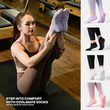 CoolMate Pilates Socks with Grips for Women, Yoga Socks, Crew Non Slip Women for Workout, Barre, Pilates Gifts (US, Numeric, 6, 10, Regular, Regular, 4 Pairs Open Top Pink/White/Light Purple/Black) - Image 2