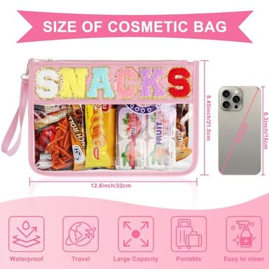 Snack Bag for Travel - Clear Chenille Varsity Letter Flat Pouch with Zipper, 12.2×8.46 inch Waterproof Clear PVC&PU Preppy Patch Makeup Cosmetic tote Bags for Women - Image 2