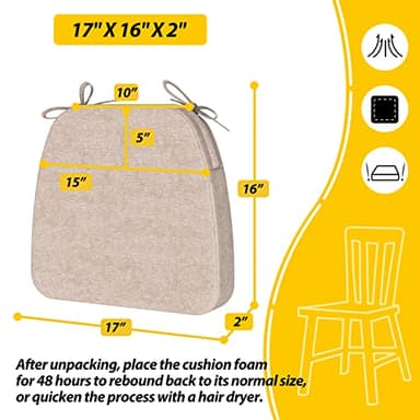 AAAAAcessories D-Shaped Chair Cushions, 2" Thick Dining Chair Pads with Ties and Removable, Machine-Washable Cover, 17" x 16", Set of 4, Oatmeal Beige - Image 2