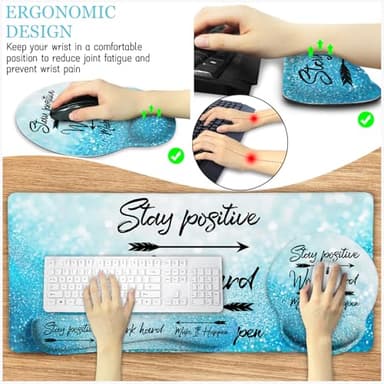 LIMKRIAN Desk Mat Pad, XXL Large Gaming Mouse Pad with Wrist Rest Wrist Support, Ergonomic Mouse Pad, Keyboard Wrist Rest, Coaster, Home Office Desk Accessories Decor Supplies, Stay Positive - Image 3