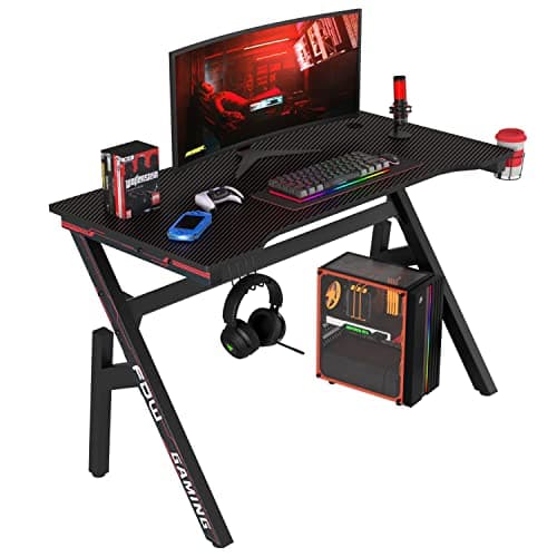 Gaming Desk Computer Desk 47 Inch Home Office Desk Extra Large Modern Ergonomic Black PC Carbon Fiber Table Gamer Workstation with Cup Holder Headphone Hook - Image 1