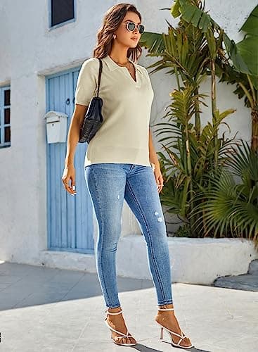 Kate Kasin Women Short Sleeve Polo Neck Pullover Sweater Casual Lightweight Loose Knit Tops Apricot M - Image 4