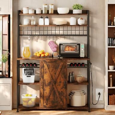 YITAHOME Large Bakers Rack with Power Outlet and Storage Cabinet, 47 Inch Farmhouse Coffee Bar Cabinet, Kitchen Microwave Stand with Wine Shelves and 12 Hooks, Rustic Brown - Image 3