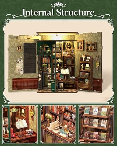 CUTEBEE Book Nook Kit Owl Bookstore - DIY Miniature House 3D Wooden Puzzle for Adult and Teens, Booknook Bookshelf Decor Alley Model Build with LED Light, Gifts for Family and Friends - Image 6
