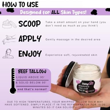 Beef Tallow For Skin - Whipped Tallow Balm with Organic Jojoba Oil, Grass Fed Beef Tallow Face Moisturizer for Eczema, Baby, Lip Balm - Lotion For Extremely Dry Skin (Lavender Vanilla) - Image 5