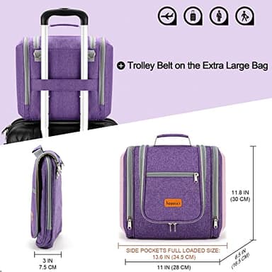 Extra Large Toiletry Bag for Women and Men, 6 Organizer Compartments, Holds Full Size Shampoo, with Hanging Hook Cosmetic Bag, Travel Makeup Bag, Bathroom Water-resistant Toiletries Bag, Purple - Image 2