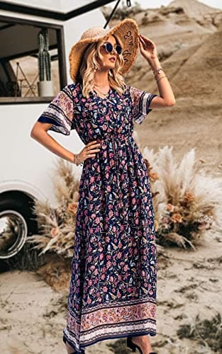 PRETTYGARDEN Women's Casual Summer Boho Floral Print Dress V Neck Short Sleeve High Waist Long Maxi Beach Dresses (Navy,X-Large) - Image 2