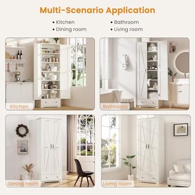 Teekyooly 70" Farmhouse Kitchen Pantry Cabinet, Tall Large Wood Storage Cabinet with 6 Adjustable Shelves, 2 Barn Doors & Drawer for Bathroom, Dining Room, Antique White - Image 8