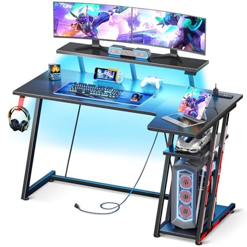 MOTPK Gaming Desk with LED Lights & Power Outlets, 47 Inch L Shaped Computer Desk with Storage Shelf, & Monitor Stand, PC Gaming Table with Carbon Fiber Texture, Black - Image 1