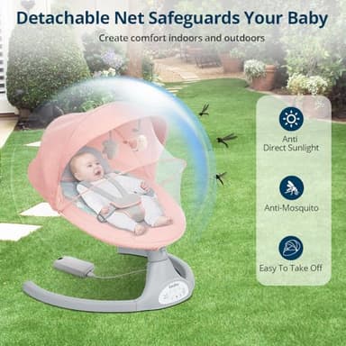Bioby Baby Swing for Infants with 5 Natural Sway Speeds, Portable Bt Music Baby Bouncer with Remote Control & 5-Point Harness, Lightweight Baby Rocker for 5-20 Lb,0-12 Months Pink - Image 8