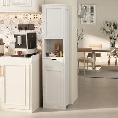Shintenchi Tall Bathroom Storage Cabinet, Slim Corner Floor Cabinet with Doors and Drawer, Freestanding Narrow Bathroom Organizer with Adjustable Shelves for Small Space, White - Image 7