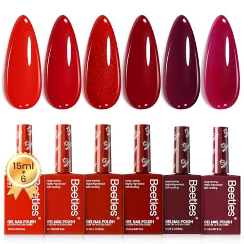 Beetles Red Gel Nail Polish Set-15ML 6 Colors Shimmer Bloody Red Burgundy Gel Polish Kit Soak Off UV Full Size Winter Nail Art Salon Design DIY Chirstmas Gift for Women Colorful Bottle - Image 1