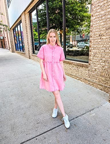LookbookStore Pink Dresses for Women Valentines Day Pink Dress 2025 Summer Short Jean Dress Casual Short Sleeves Babydoll Denim Dresses for Women Size S - Image 4