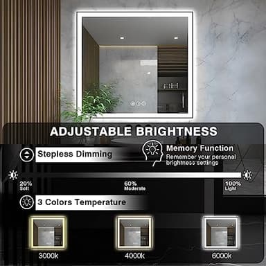 EchosLife 36x36 Square LED Bathroom Mirror - Black Aluminum Framed (Front and Backlit), Anti-Fog Vanity Mirror with Lights, Stepless Dimmable Lighted Mirror,3 Colors Smart Mirror(Horizontal/Vertical) - Image 4
