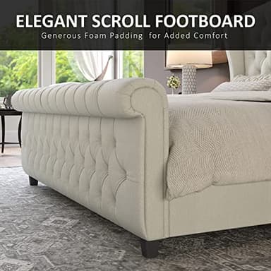 AMERLIFE King Size Platform Bed Frame, Chenille Upholstered Sleigh Bed with Scroll Wingback Headboard & Footboard/Button Tufted/No Box Spring Required/Cream - Image 5