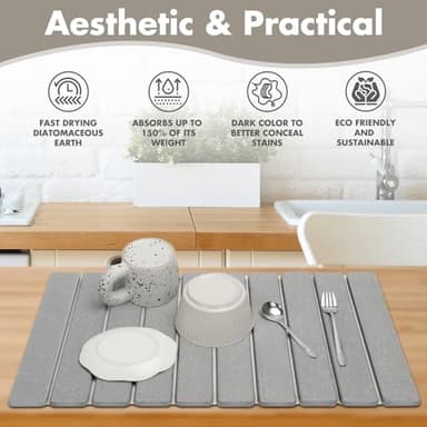 Large Stone Dish Drying Mat for Kitchen Counter, Eco-friendly, Instant Drying Pad,Diatomaceous Earth Water Absorbing Mat, Foldable and Super Absorbent Dish Drying Stone Mat, 24"×16", Light Gray - Image 2