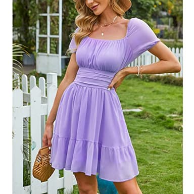 EXLURA Women's 2024 Summer Short Puff Sleeve Casual Short Mini Dress Tie Back Square Neck A-Line Sundress Lilac Purple - Image 4