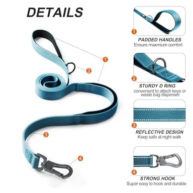 TwoEar 6FT 1IN Strong Blue Dog Leash with 2 Padded Handles, Traffic Handle Extra Control, Comfortable Soft Dual Handle, Auto Lock Hook, Reflective Walking Lead for Small Medium and Large Dogs - Image 2