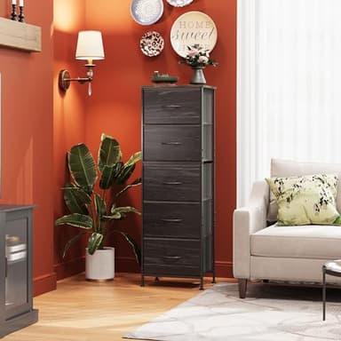 WLIVE Fabric Dresser, 5-Drawer Tall Dresser for Bedroom, Storage Dresser Organizer with Fabric Bins, Wood Top, Sturdy Steel Frame, Chest of Drawers for Closet, Hallway, Charcoal Black Wood Grain Print - Image 2