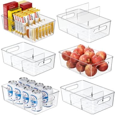 Mpotmiy 6 Pack Pantry Organizers and Storage,Clear Plastic Containers with 2 Dividers for Kitchen,Fridge Organization and Storage,Acrylic Bins for Pounches,Spice Packet,Snack organzier - Image 1