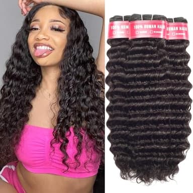 LUXEDIVA 12A Deep Wave Bundles Human Hair 16 18 20 Inchs Human Hair Bundle 100% Unprocessed Brazilian Curly Wet Wavy Texture 3 Bundles Deep Wave Natural Black - Image 1