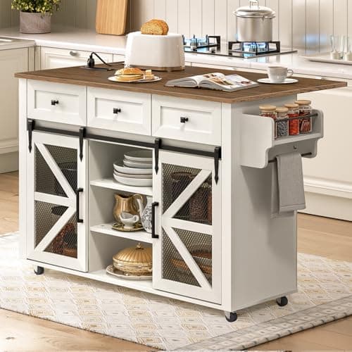 RALGEND Kitchen Island with Storage, 55" Kitchen Cart with Charging Station, Rolling Kitchen Island Table with Drop-Leaf, 3 Drawers, Barn Doors, Towel Rack and Spice Rack, White and Walnut - Image 1