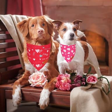 PTDECOR Valentine Dog Bandana, Red Pink Love Heart Design Reversible Pet Scarf, Triangle Valentine Bandanas for Medium Large Dogs (Large) - Image 2