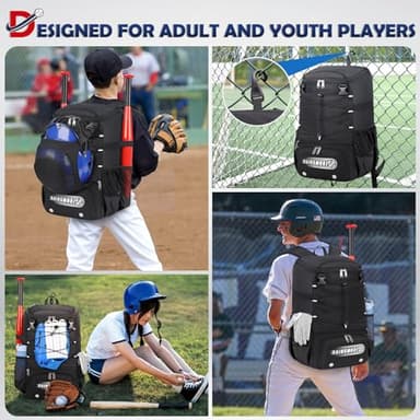 Baseball Bag for Youth & Adult Lightweight Softball Bat Bag with Shoe Compartment, External Helmet Holder and Fence Hook Waterproof Baseball Backpack Hold T-Ball, Bat and Softball Equipment, Black - Image 7